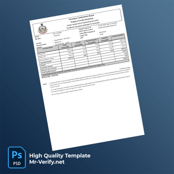 India Ferozepur Cantonment Board Editable Property Tax Bill Template in Word and PDF formats