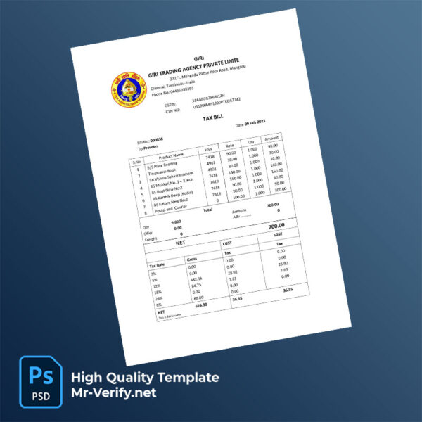 India Giri Trading Agency Private Limited Editable Tax Bill Template in Word and PDF formats