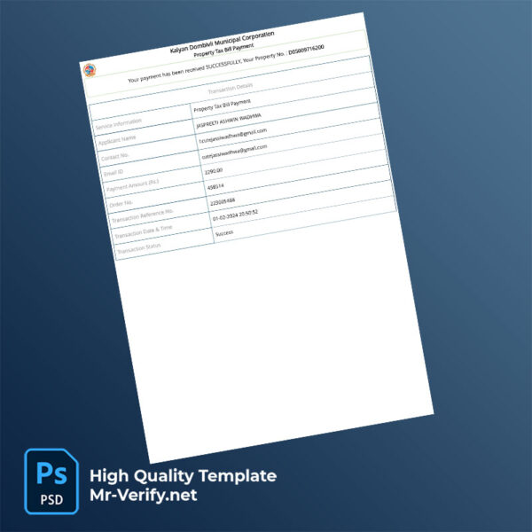 India Kalyan Dombivli Municipal Corporation Editable Property Tax Receipt Template in Word and PDF formats