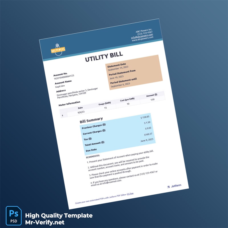 India ABC Powers Inc Editable Utility Bill Template in Word and PDF formats India ABC Powers Inc Editable Utility Bill Template in Word and PDF formats