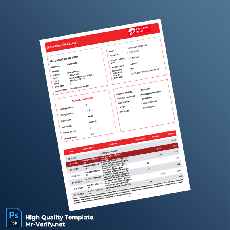 India Airtel Payment Bank Statement Template in Word and PDF formats India Airtel Payment Bank Statement Template in Word and PDF formats