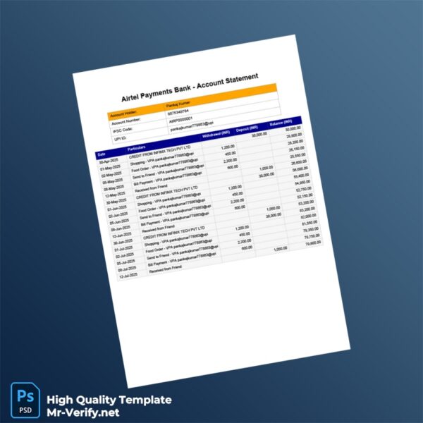 India Airtel Payments Bank Statement Template in Word and PDF formats India Airtel Payments Bank Statement Template in Word and PDF formats