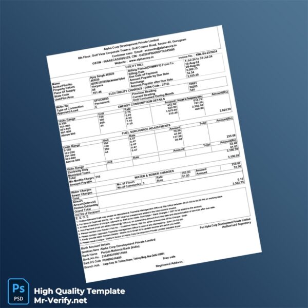 India Alpha Corp Development Private Limited Editable Electricity Bill Template in Word and PDF formats