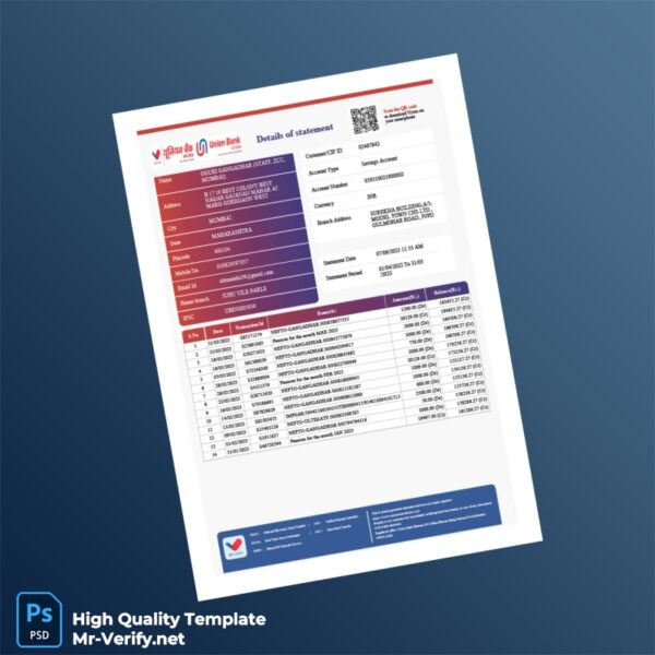 India Andhra Bank Statement Template in Word and PDF formats