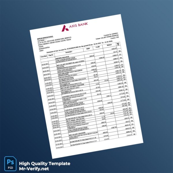 India Axis Bank Account Statement Template in Word and PDF formats
