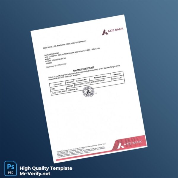 India Axis Bank Balance Certificate Template in Word and PDF formats India Axis Bank Balance Certificate Template in Word and PDF formats