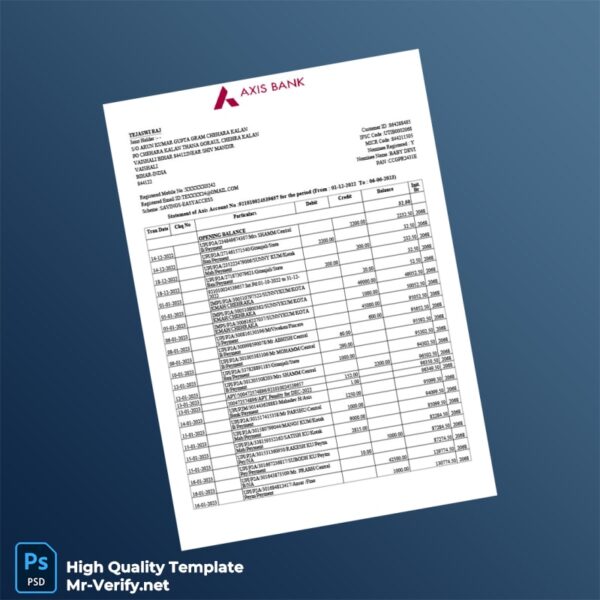 India Axis Bank Bank Statement Template in Word and PDF formats