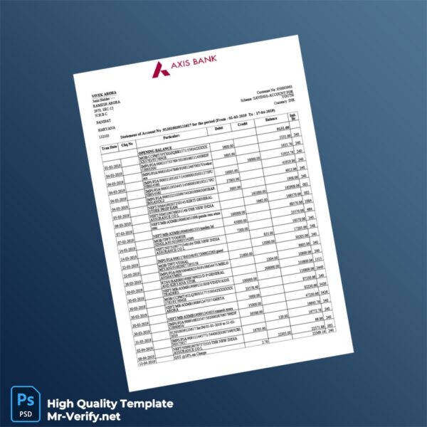 India Axis Bank Statement Template in Word and PDF formats