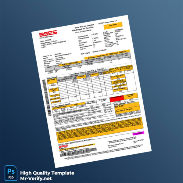 India BSES Yamuna Power Ltd Editable Utility Bill Template in Word and PDF formats