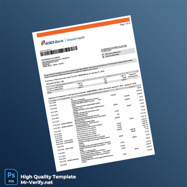 India Bank Statement Template in Word and PDF formats