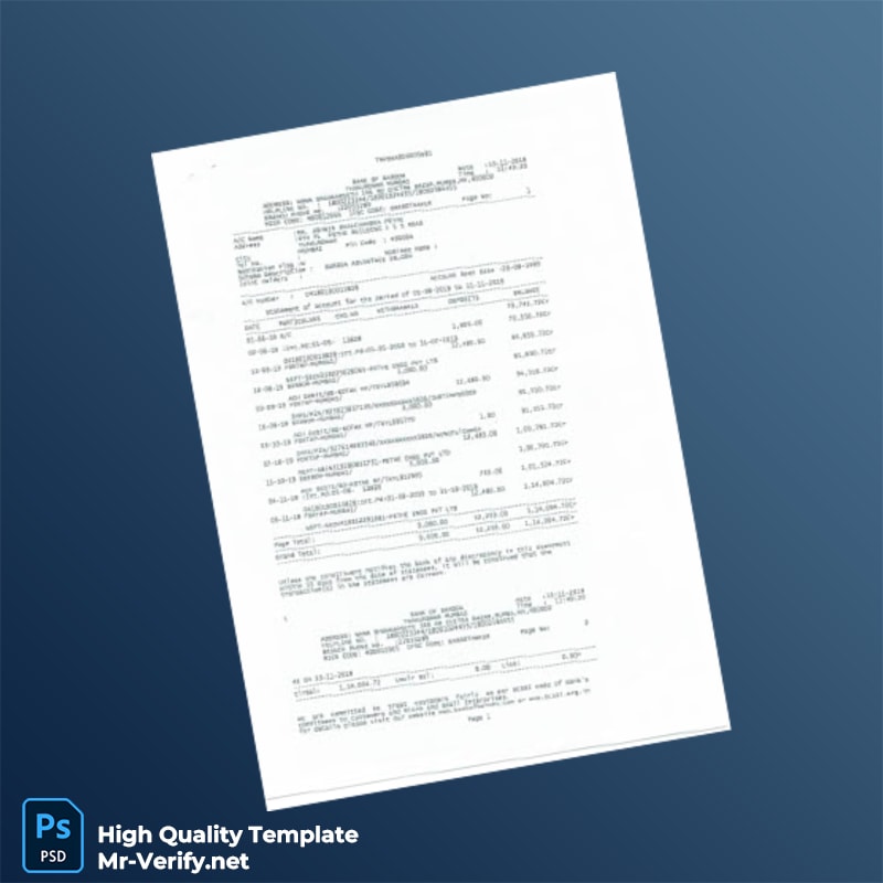 India Bank of Baroda Bank Statement Template in Word and PDF formats India Bank of Baroda Bank Statement Template in Word and PDF formats