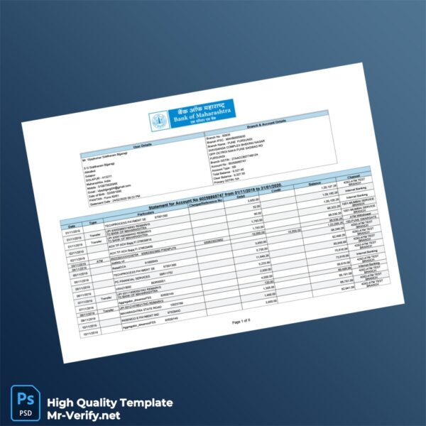 India Bank of Maharashtra Account Statement Template in Word and PDF formats