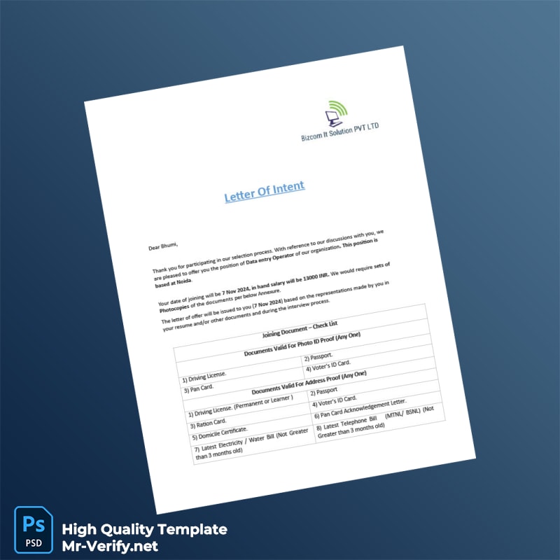 India Bizcom IT Solution PVT LTD Editable Identity Document Template in Word and PDF formats India Bizcom IT Solution PVT LTD Editable Identity Document Template in Word and PDF formats