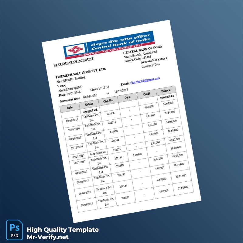 India Central Bank Statement Template in Word and PDF formats India Central Bank Statement Template in Word and PDF formats