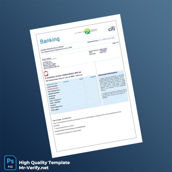 India Citibank Account Statement Template in Word and PDF formats India Citibank Account Statement Template in Word and PDF formats