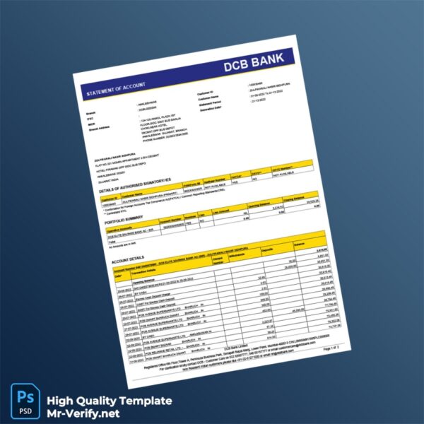 India DCB Bank Statement of Account Template in Word and PDF formats