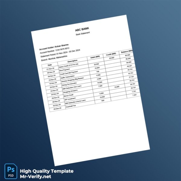 India Dummy Bank Statement Template in Word and PDF formats