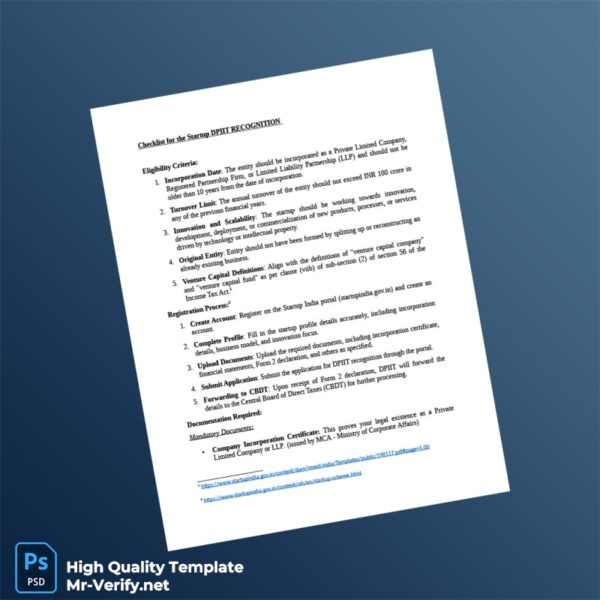 India Editable Checklist for the Startup DPIIT RECOGNITION Template in Word and PDF formats India Editable Checklist for the Startup DPIIT RECOGNITION Template in Word and PDF formats