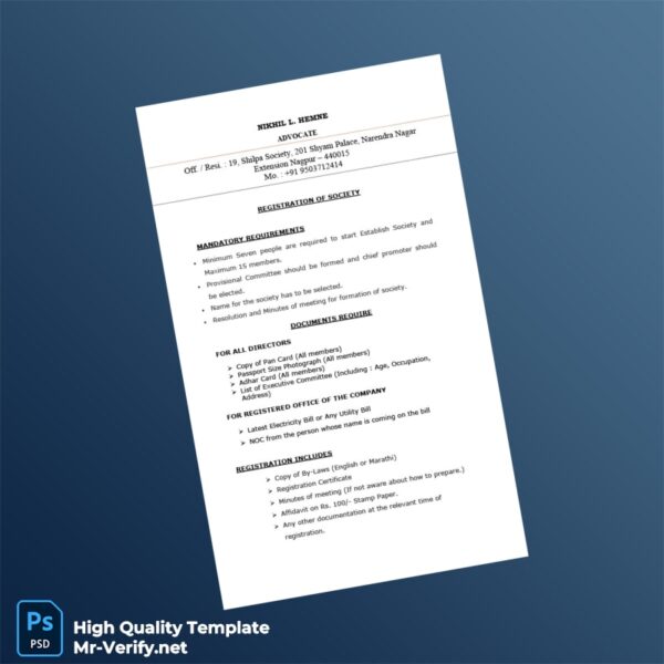 India Editable Society Registration Template in Word and PDF formats