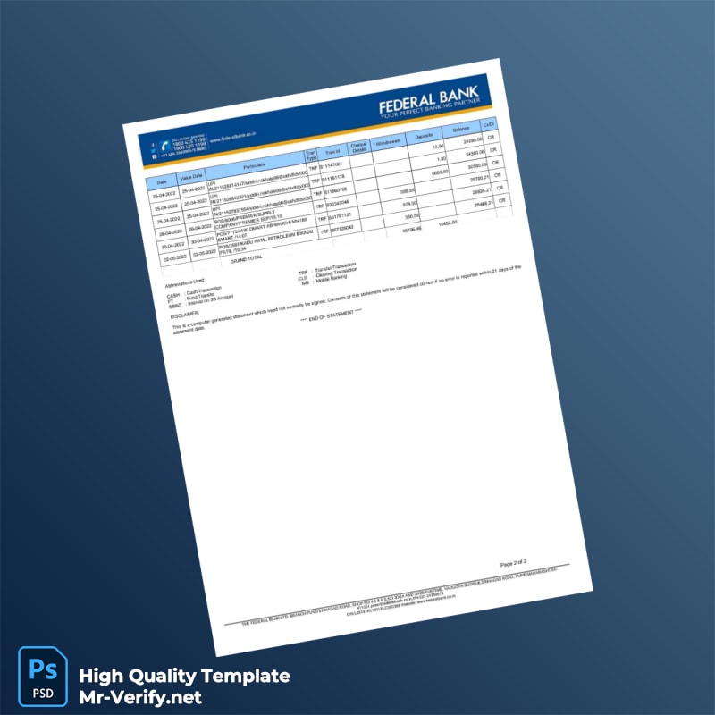 India Federal Bank Statement Template in Word and PDF formats page 2 India Federal Bank Statement Template in Word and PDF formats page 2