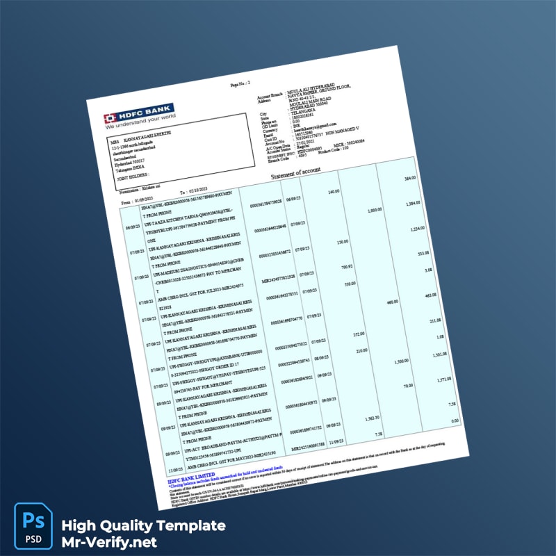 India HDFC Bank Account Statement Template in Word and PDF formats page 2 India HDFC Bank Account Statement Template in Word and PDF formats page 2