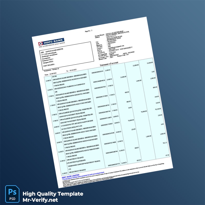India HDFC Bank Account Statement Template in Word and PDF formats page 3 India HDFC Bank Account Statement Template in Word and PDF formats page 3