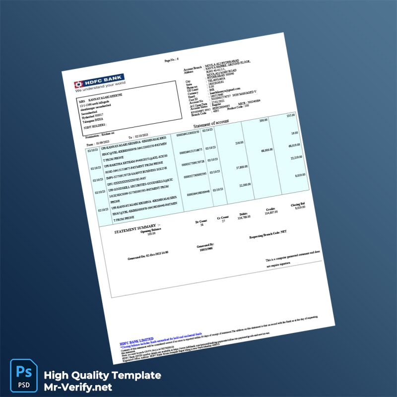 India HDFC Bank Account Statement Template in Word and PDF formats page 6 India HDFC Bank Account Statement Template in Word and PDF formats page 6