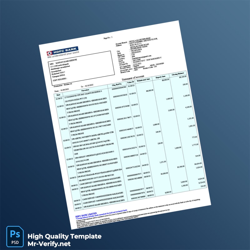 India HDFC Bank Account Statement Template in Word and PDF formats India HDFC Bank Account Statement Template in Word and PDF formats
