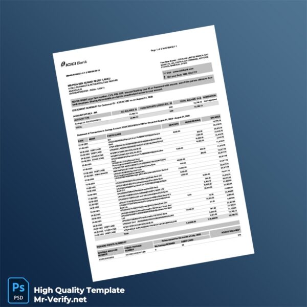 India ICICI Bank Statement Template in Word and PDF formats