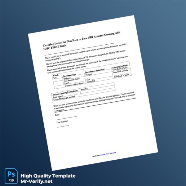 India IDFC FIRST Bank Editable Covering Letter for Non Face to Face NRI Account Opening Template in Word and PDF formats India IDFC FIRST Bank Editable Covering Letter for Non Face to Face NRI Account Opening Template in Word and PDF formats