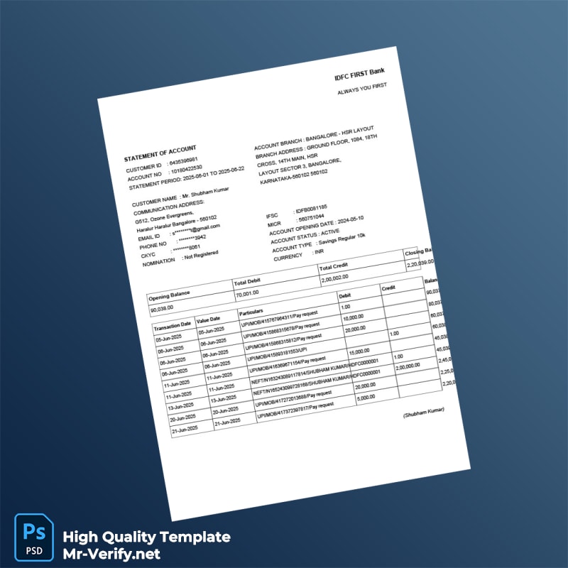 India IDFC FIRST Bank Statement Template in Word and PDF formats India IDFC FIRST Bank Statement Template in Word and PDF formats