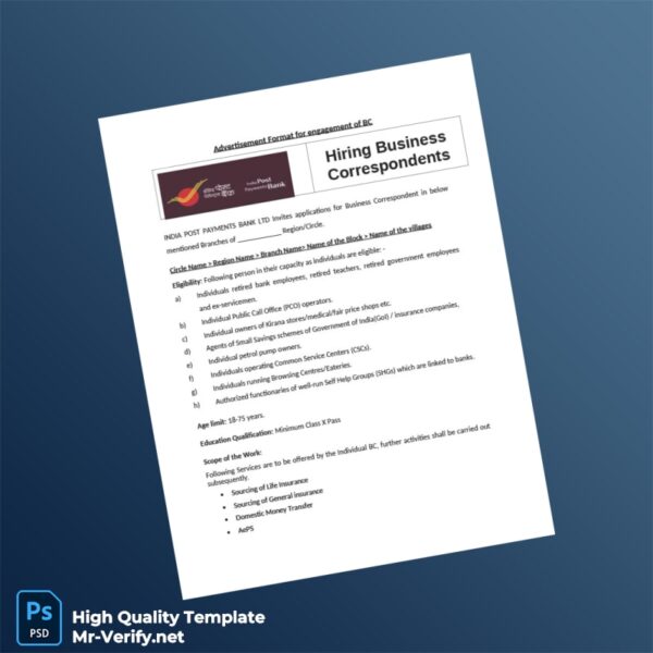 India India Post Payments Bank Ltd Editable Advertisement Format Template in Word and PDF formats India India Post Payments Bank Ltd Editable Advertisement Format Template in Word and PDF formats