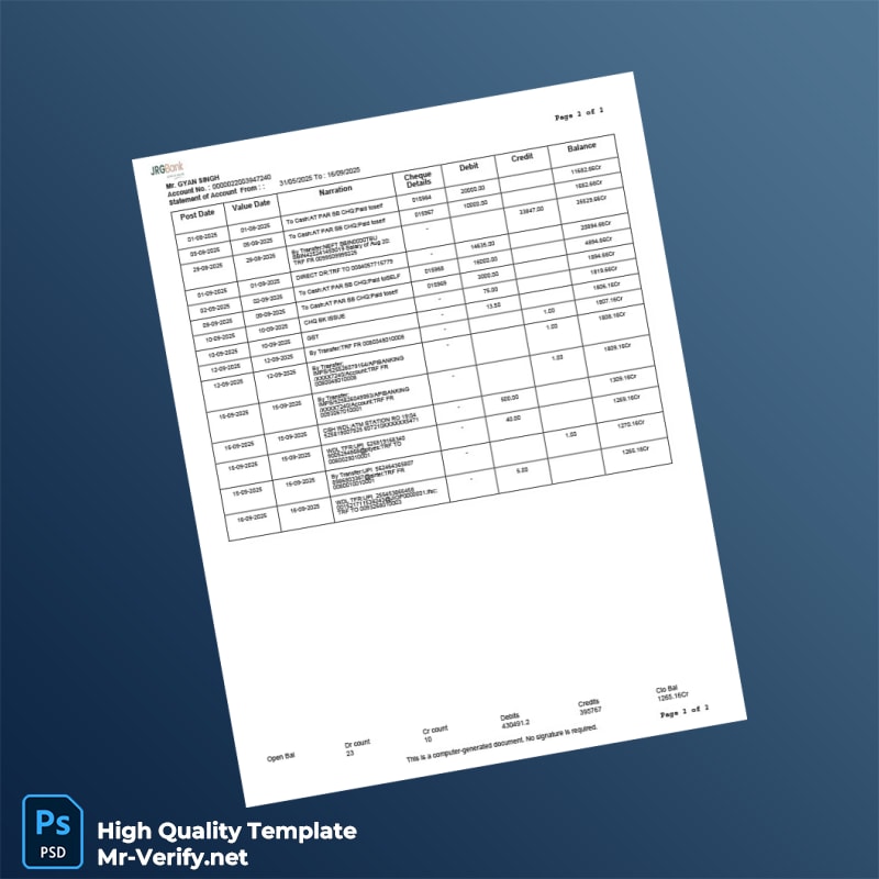 India Jharkhand Rajya Gramin Bank Bank Statement Template in Word and PDF formats page 2 India Jharkhand Rajya Gramin Bank Bank Statement Template in Word and PDF formats page 2