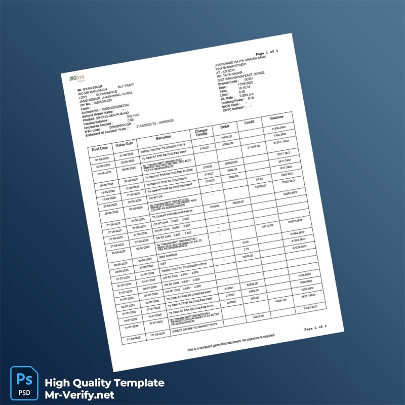 India Jharkhand Rajya Gramin Bank Bank Statement Template in Word and PDF formats India Jharkhand Rajya Gramin Bank Bank Statement Template in Word and PDF formats
