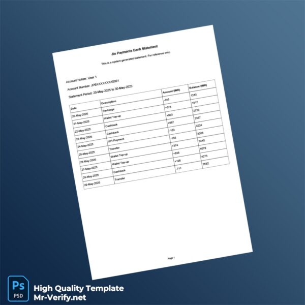 India Jio Payments Bank Statement Template in Word and PDF formats India Jio Payments Bank Statement Template in Word and PDF formats
