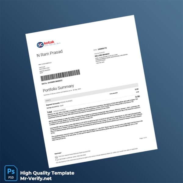 India Kotak Mahindra Bank Statement Template in Word and PDF formats