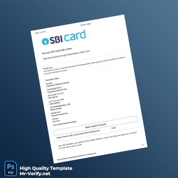 India SBI Card Editable Payment Confirmation Template in Word and PDF formats