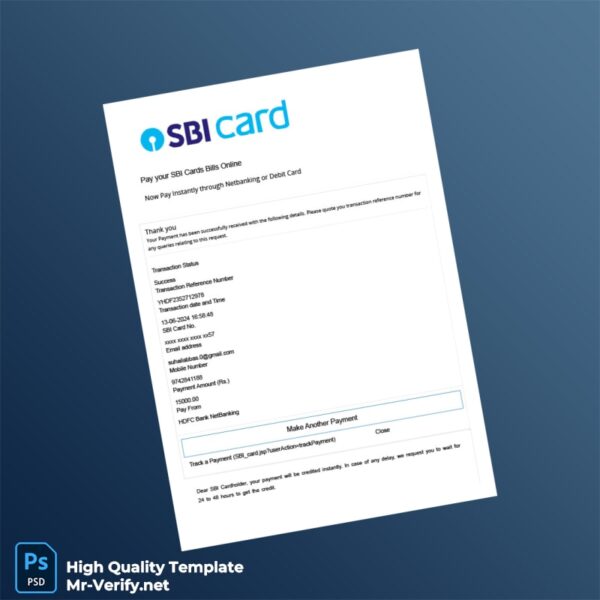India SBI Card Editable Payment Receipt Template in Word and PDF formats