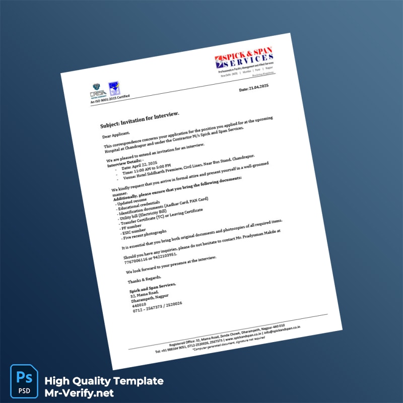 India Spick and Span Services Editable Interview Call Letter Template in Word and PDF formats India Spick and Span Services Editable Interview Call Letter Template in Word and PDF formats