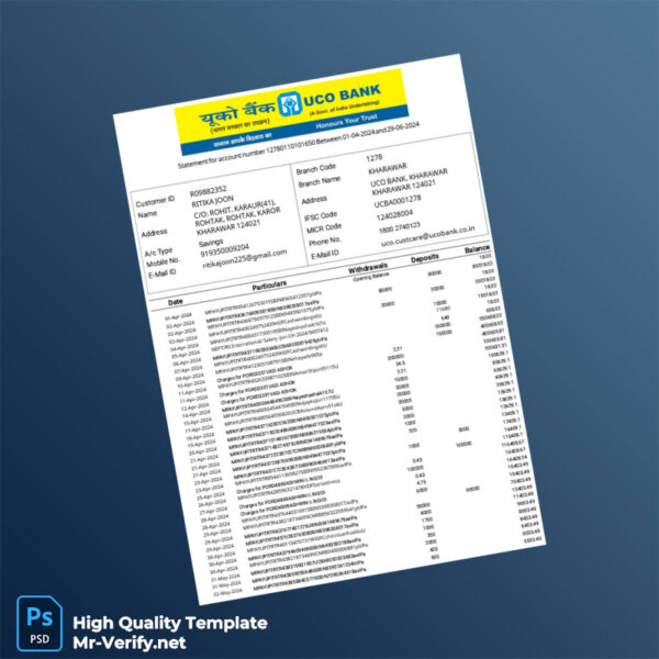 India UCO Bank Statement Template in Word and PDF formats