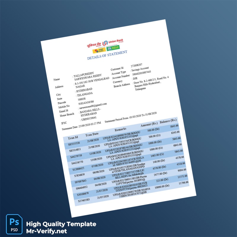 India Union Bank Bank Statement Template in Word and PDF formats India Union Bank Bank Statement Template in Word and PDF formats