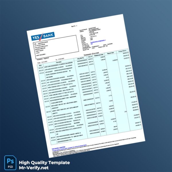 India YES Bank Bank Statement Template in Word and PDF formats India YES Bank Bank Statement Template in Word and PDF formats