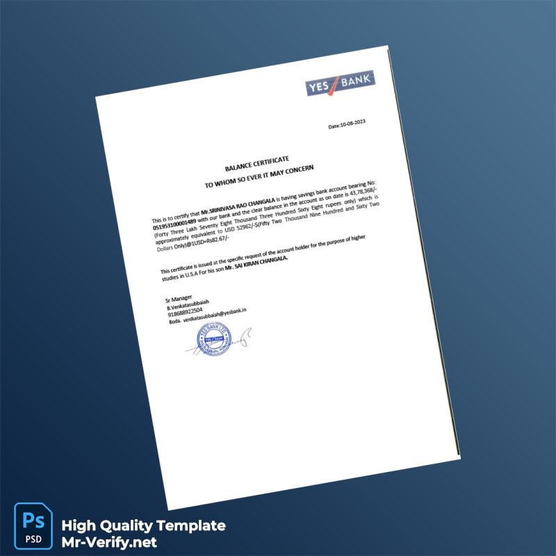 India Yes Bank Balance Certificate Template in Word and PDF formats India Yes Bank Balance Certificate Template in Word and PDF formats
