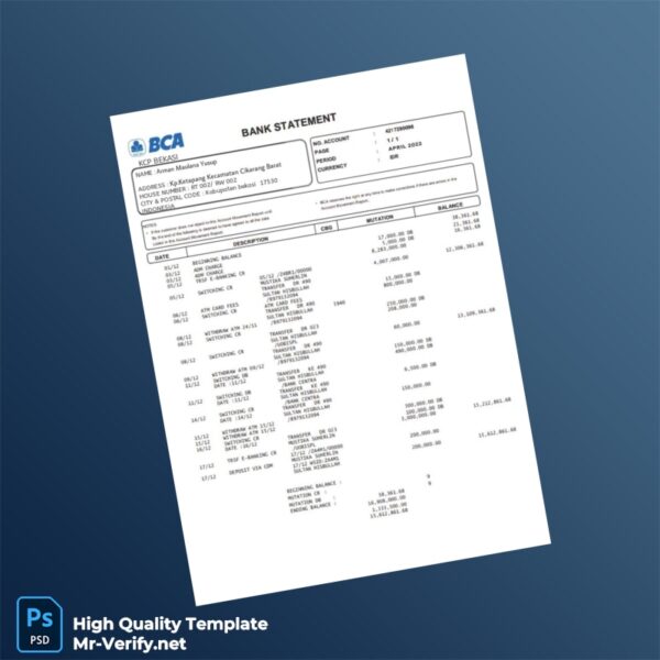 Indonesia BCA Bank Statement Template in Word and PDF formats