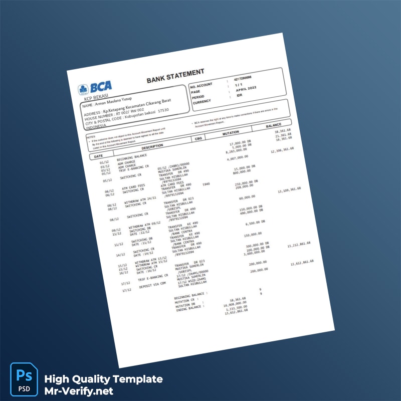 Indonesia BCA Bank Statement Template in Word and PDF formats Indonesia BCA Bank Statement Template in Word and PDF formats