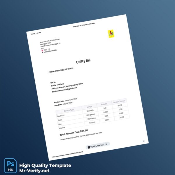 Indonesia PT PLN Persero Editable Electricity Bill Template in Word and PDF formats Indonesia PT PLN Persero Editable Electricity Bill Template in Word and PDF formats