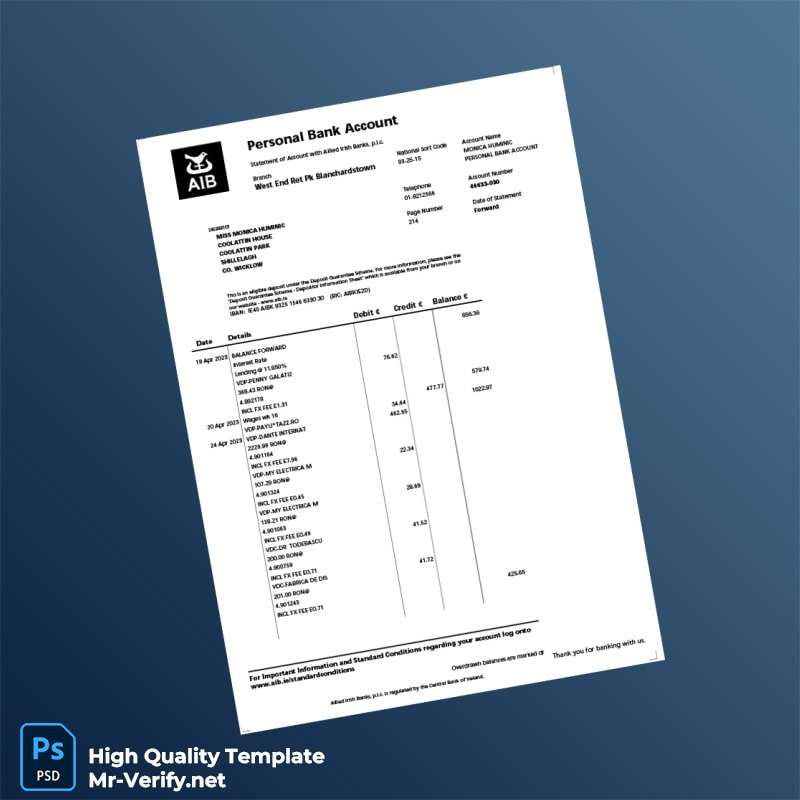 Ireland Allied Irish Banks Bank Statement Template in Word and PDF formats page 2 Ireland Allied Irish Banks Bank Statement Template in Word and PDF formats page 2