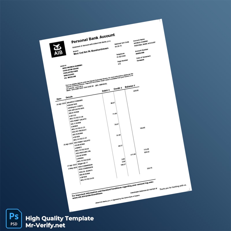 Ireland Allied Irish Banks Bank Statement Template in Word and PDF formats page 3 Ireland Allied Irish Banks Bank Statement Template in Word and PDF formats page 3