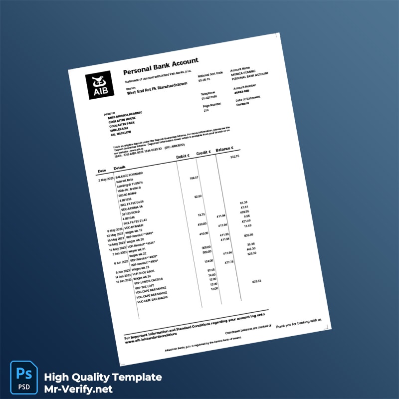 Ireland Allied Irish Banks Bank Statement Template in Word and PDF formats page 4 Ireland Allied Irish Banks Bank Statement Template in Word and PDF formats page 4