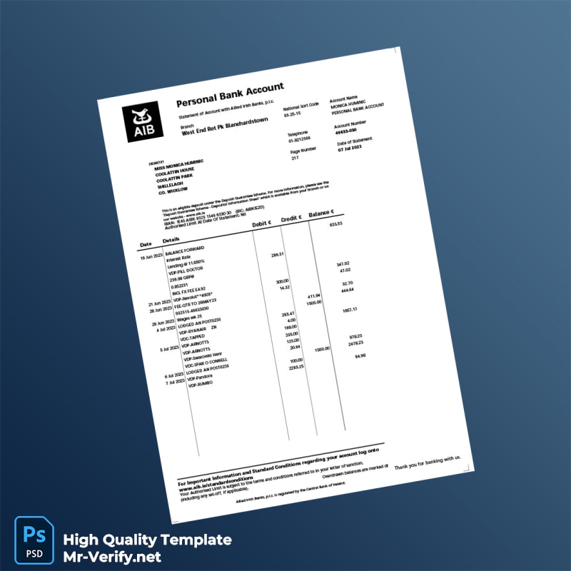 Ireland Allied Irish Banks Bank Statement Template in Word and PDF formats page 5 Ireland Allied Irish Banks Bank Statement Template in Word and PDF formats page 5